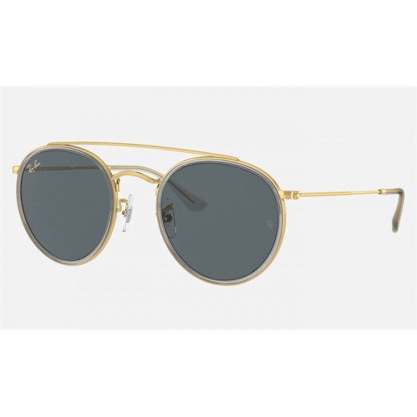 Ray Ban Round Double Bridge Legend RB3647 Classic And Shiny Gold Frame Blue With Grey Classic Lens