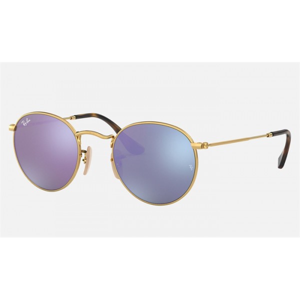 Ray Ban Round Flat Lenses RB3447 Mirror And Gold Frame Lilac Mirror Lens